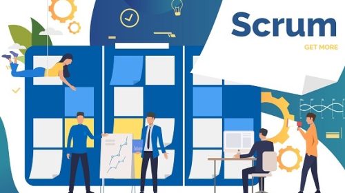Scrum team working on project in office. Presentation, computer, shouting at megaphone. Business concept. Vector illustration can be used for topics like agile project management, teamwork, startup